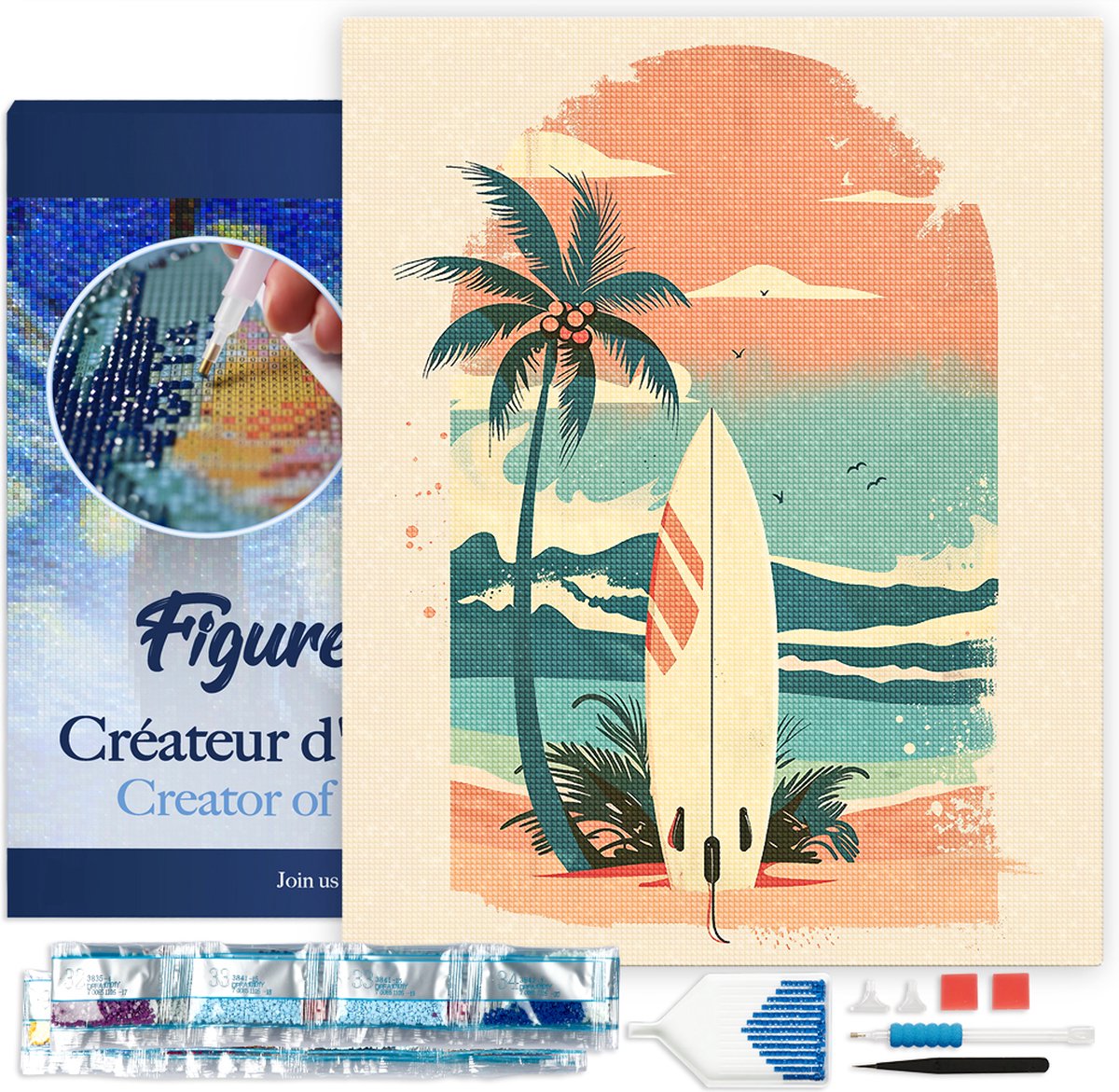 FiguredArt Diamond Painting set Volwassenen 40x50 cm met lijst Surfplank op het strand - 5D DIY Art full drill vierkante diamant - Canvas al ingelijst